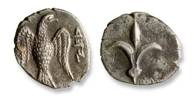 De eerste Joodse munten gebruikt in Israël, ca. 333 v.Chr. (metaal) door Roman